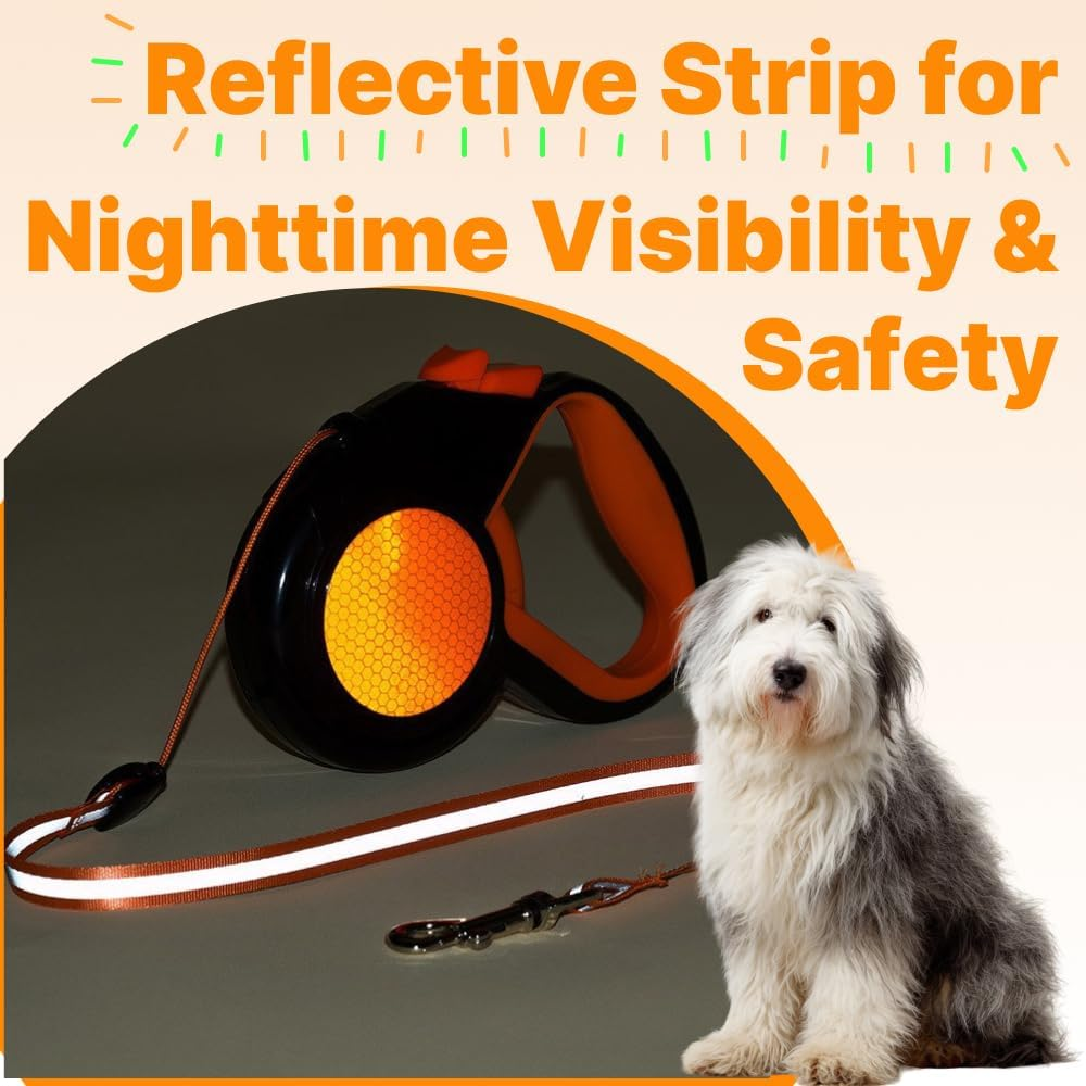 Reflective Retractable Dog Leash &ndash; 5M Extendable Lead with Quick-Lock Brake, Tangle-Free Nylon Tape & Soft Anti-Slip Handle for Night Walking (Orange) - Green image number 5
