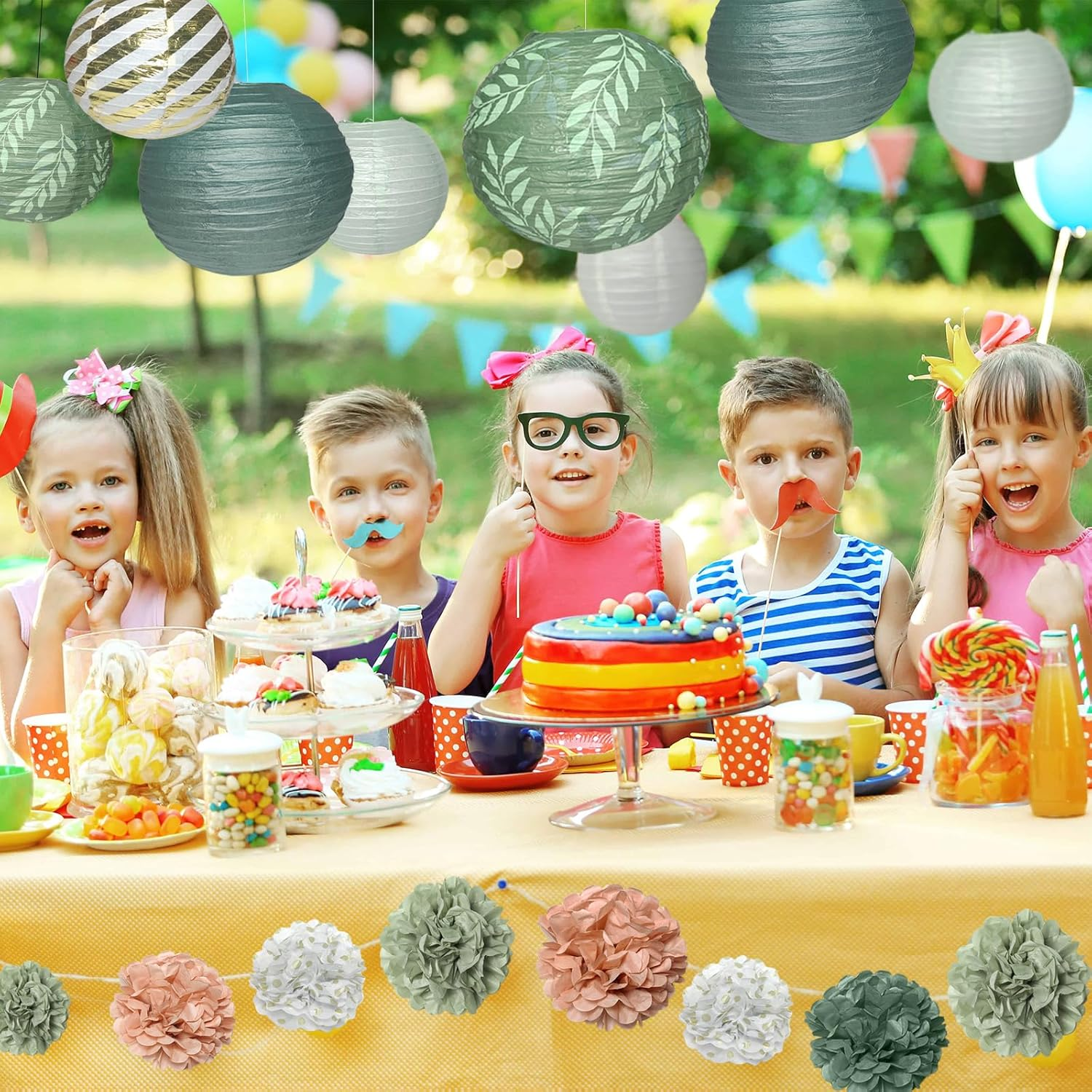 Pack of 12 Paper Lanterns Set Party Decoration in Green, Pink, Gold & White round Paper Lanterns Pompoms for Bride, Lampshade, Birthday Party, Engagement, Wedding, Party image number 1