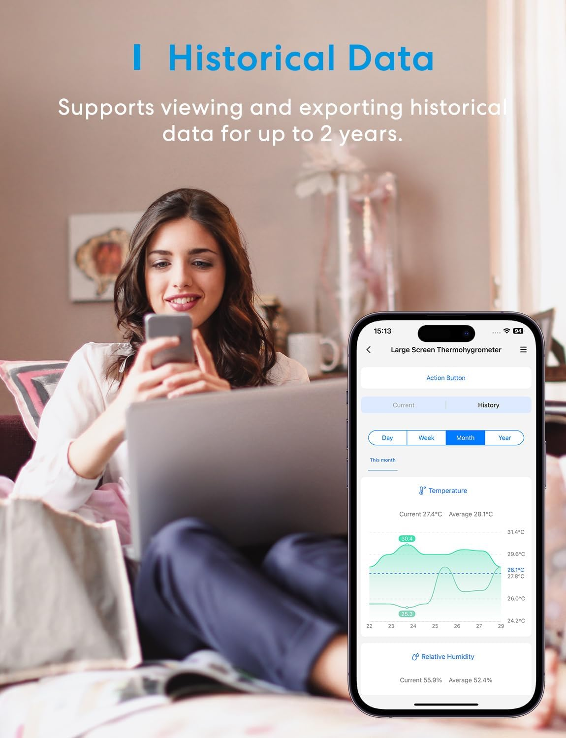 Meross Room Thermometer and Humidity Sensor Kit, Smart Hygrometer Indoor Thermometer, Large 3.7" Display, App Alert, Humidity Meter Compatible with Matter, Homekit, Alexa, Google Home, Hub Required