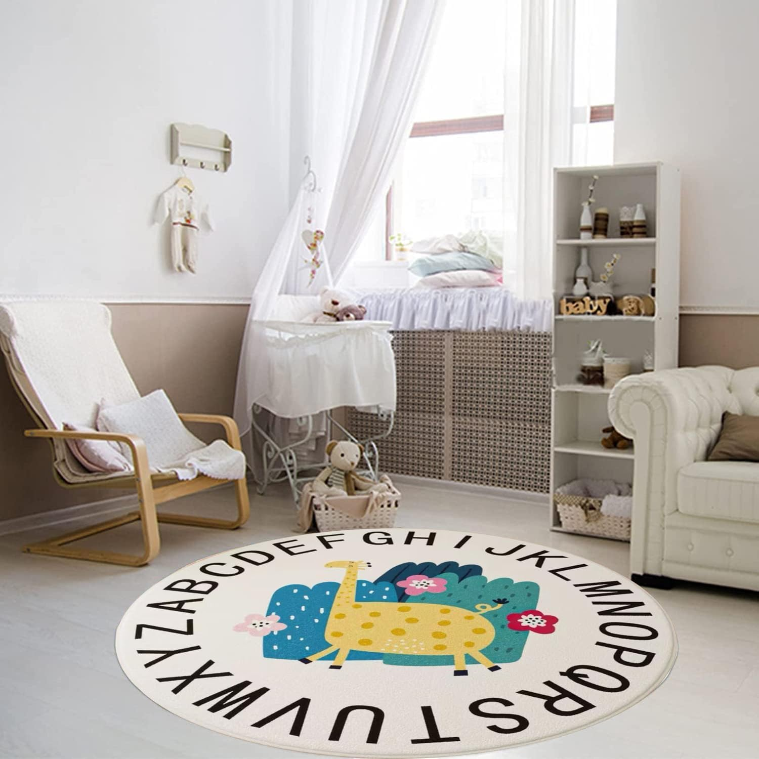 Kids Play Rug 100Cm, Kid Rugs Animal Play Rug, ABC Giraffe Educational Washable round Area Rug, Kids Nursery Door Mat Soft Plush Non-Slip Childrens Carpet for Bedroom Living Room Kids Playroom image number 1