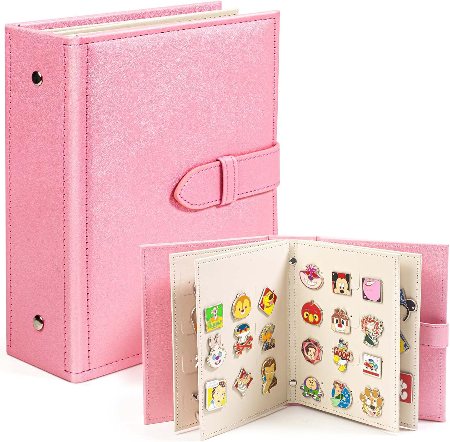 Enamel Pin Display Book, Portable Pin Trading Book, to Display and Trade Your Disney Pins, 42 Pin- Capacity, Leather Pin Holder, Fits Rubber Pin Back, Pink