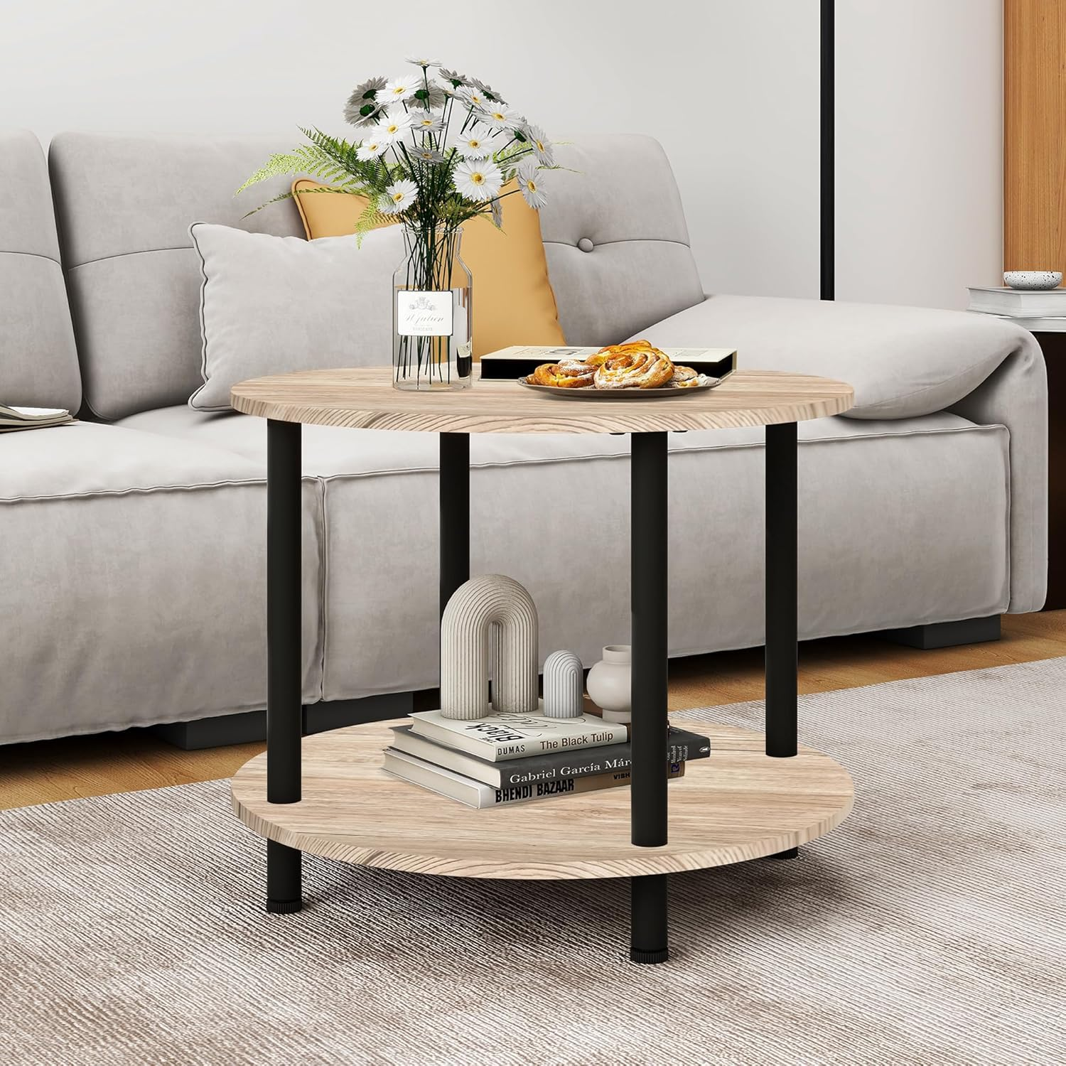 VERFARM 60CM round Coffee Table, 2-Tier Small Circle Coffee Table with Storage, Modern Center Accent Table with Metal Frame, Side Table End Table for Small Space, Living Room, Office, Teak Oak - Black + Rustic Brown image number 3