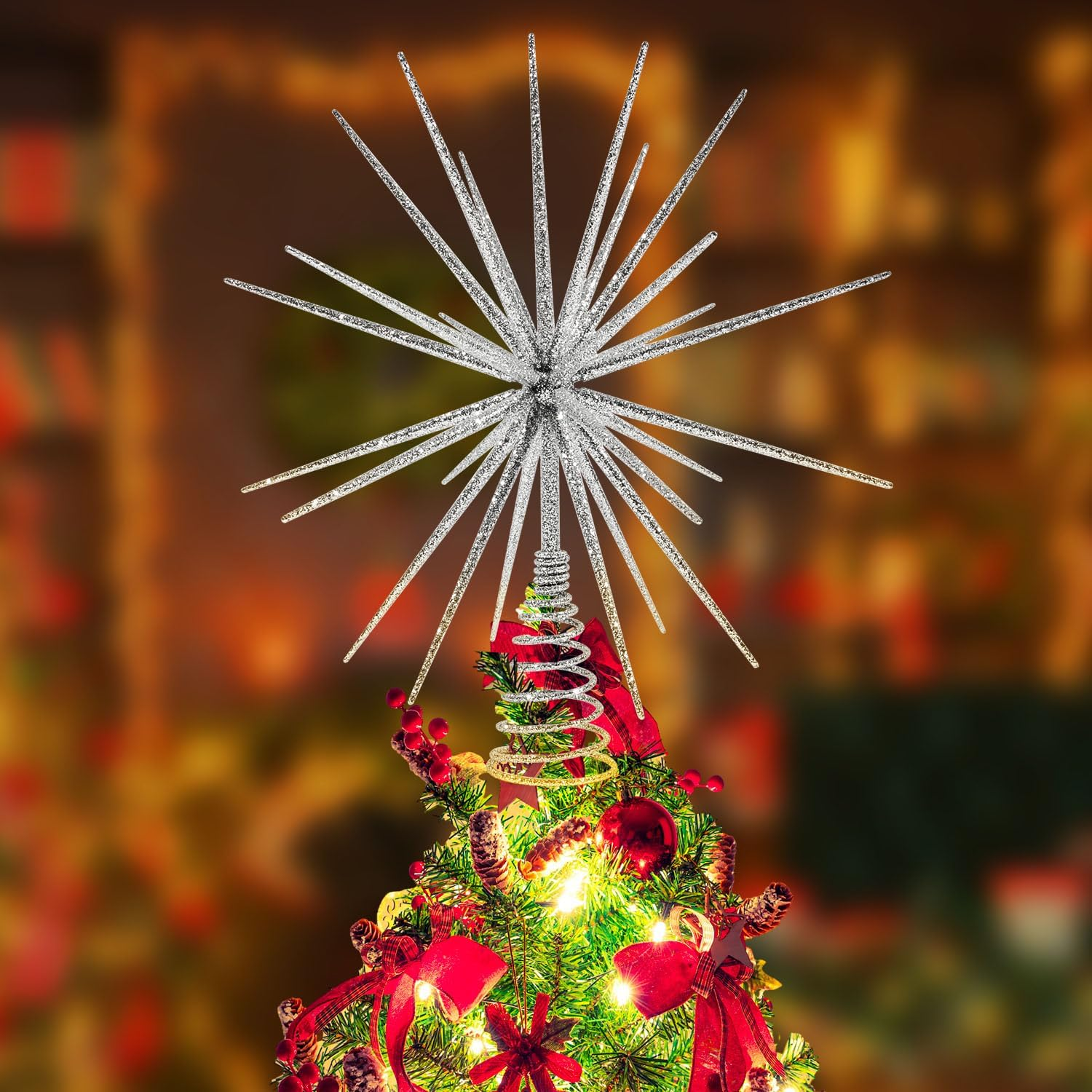 13.7 Inch Silver Christmas Tree Topper - 3D Burst Silver Tree Topper, Exploding Star Christmas Tree Decorations image number 1