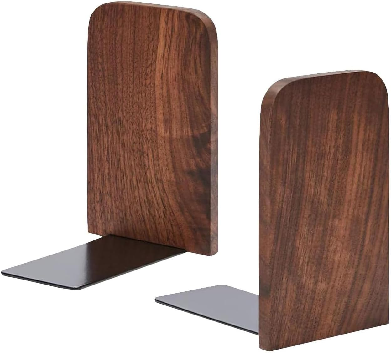 Handcrafted Walnut Bookends with Sturdy Metal Base &ndash; Premium Office & Library Organizer, Natural Wood Decor for Shelves (2-Pack, Eco-Friendly)