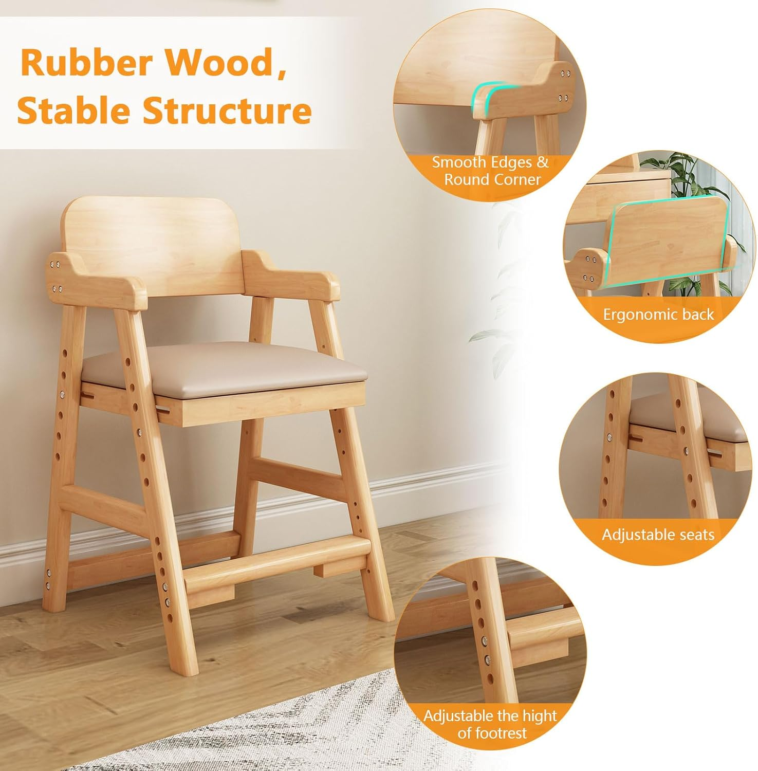 Solid Wood High Chairs for Toddlers Booster Seat for Dining Table High Chair Grows with Kid for Dining, Study Chair for Children High Chair for Chair at Table Toddler High Chair for Dining Table image number 4