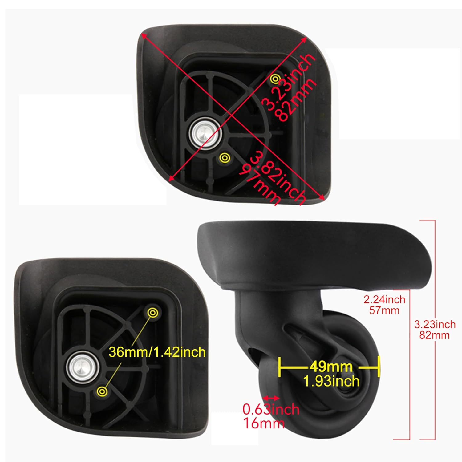 2 Pair Replacement Wheels for Luggage 360 Swivel Suitcase Casters Black 1.42 Inch Black image number 5