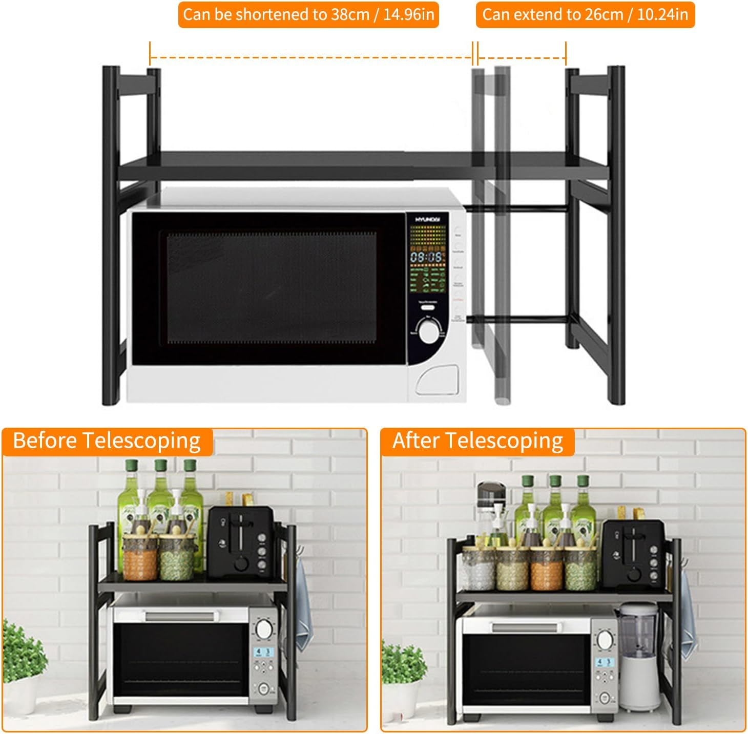 ZAOZAOLLND Microwave Oven Rack,2-Tier Expandable Microwave Stand Countertop Kitchen Utensils Tableware Storage (White, 3 Tier) image number 7