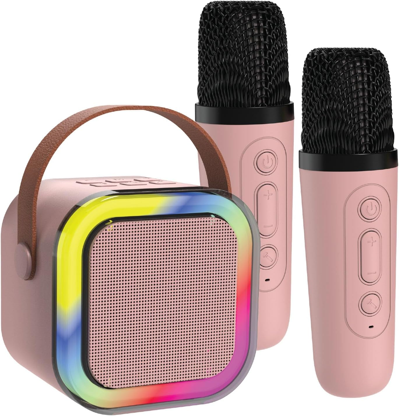 Laser Pink Karaoke Machine with 2 Wireless Microphones, LED Light Show, 4 Voice Effects, Bluetooth Speaker, MP3 Player, Rechargeable Battery &ndash; Great for Kids, Adults, Parties & Events