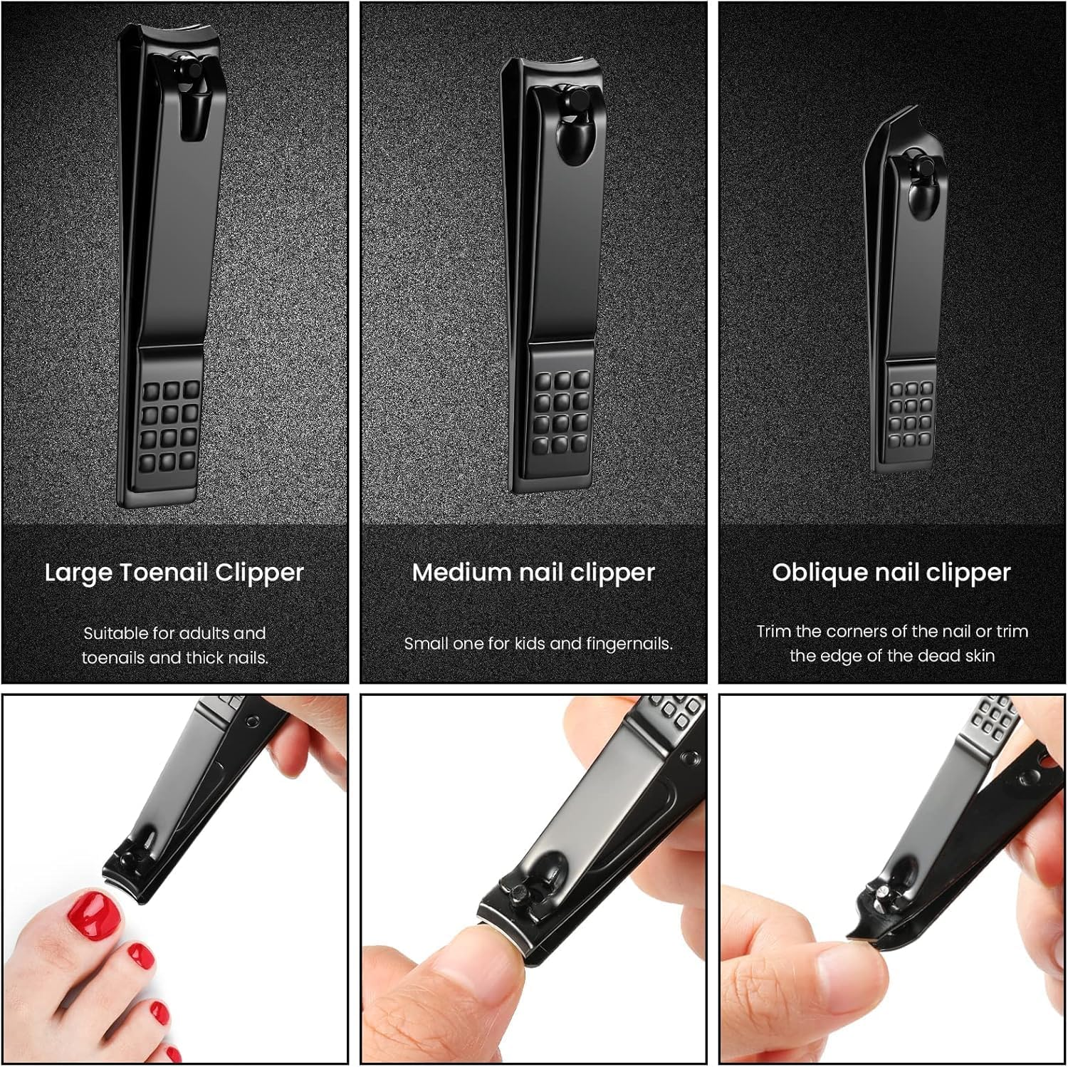 Nail Clippers Set, Sharp Stainless Steel Fingernail Clipper & Toenail Clippers, Black Nail Cutter, Large and Small 3 Piece Set. image number 3
