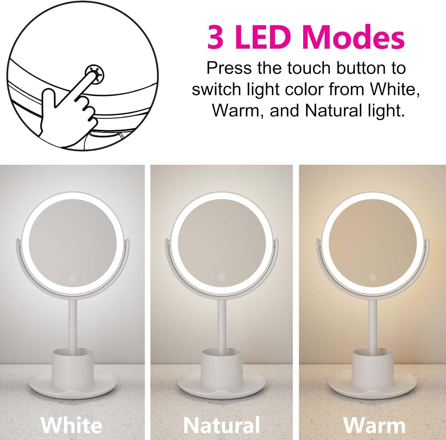 Dual Sided Makeup Mirror 22X22Cm 10X Magnifying Mirror Adjustable LED Light with Storage Tray Mobile Phone Holder image number 6