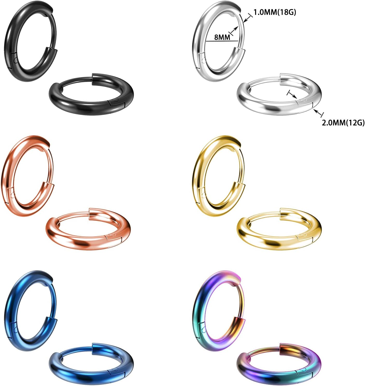 316L Surgical Stainless Steel Small Hoop Earrings 8Mm 10Mm 12Mm 14Mm Hypoallergenic Huggie Hoop Earrings Helix Lobes Hinged Sleeper Earrings Men Women for Cartilage Piercings image number 5