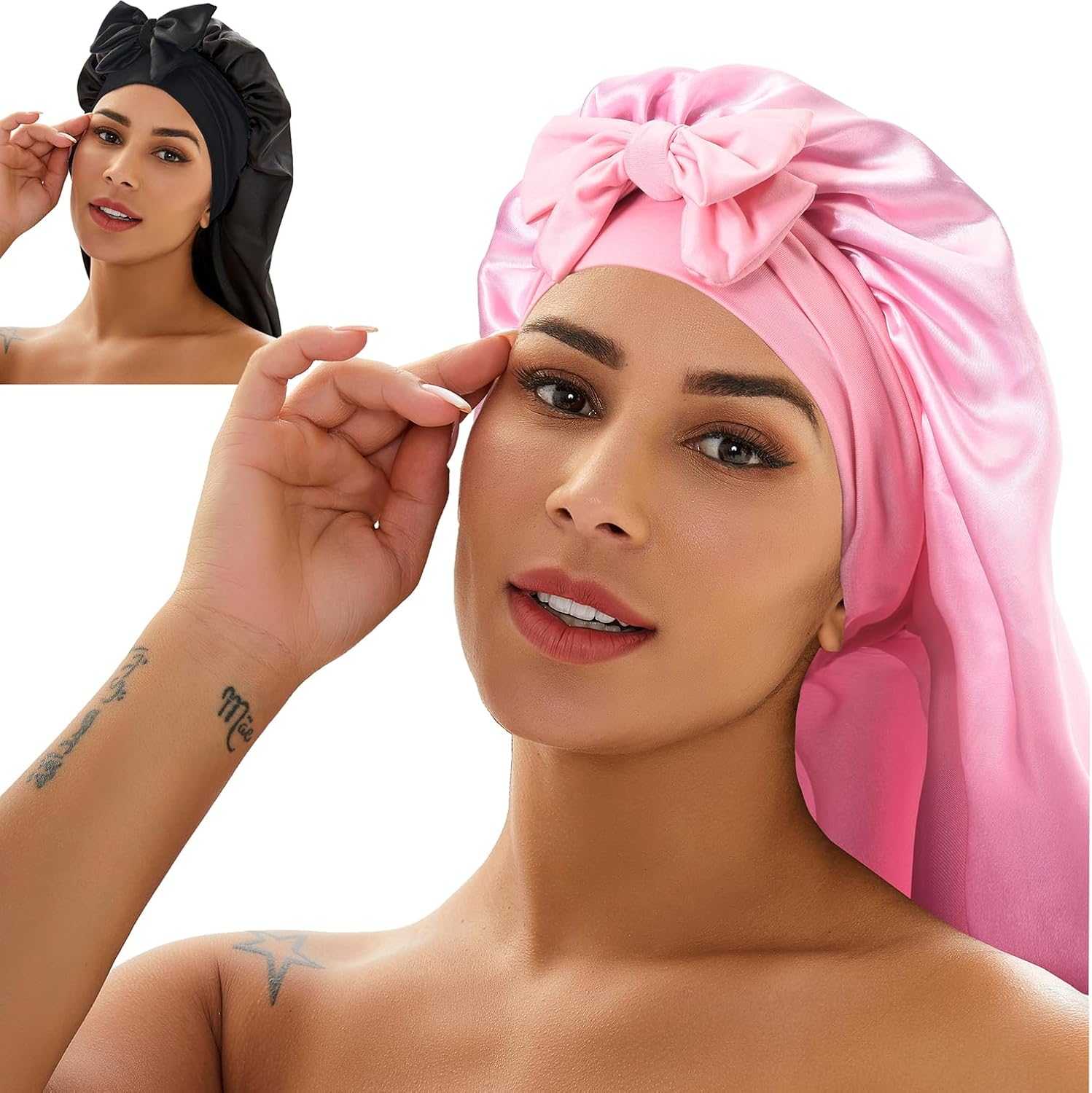 2 Pcs Silk Bonnet for Sleeping, Braid Bonnet Satin Bonnet with Tie Band Sleep Cap for Women Men Long Curly Hair Braids Black image number 5