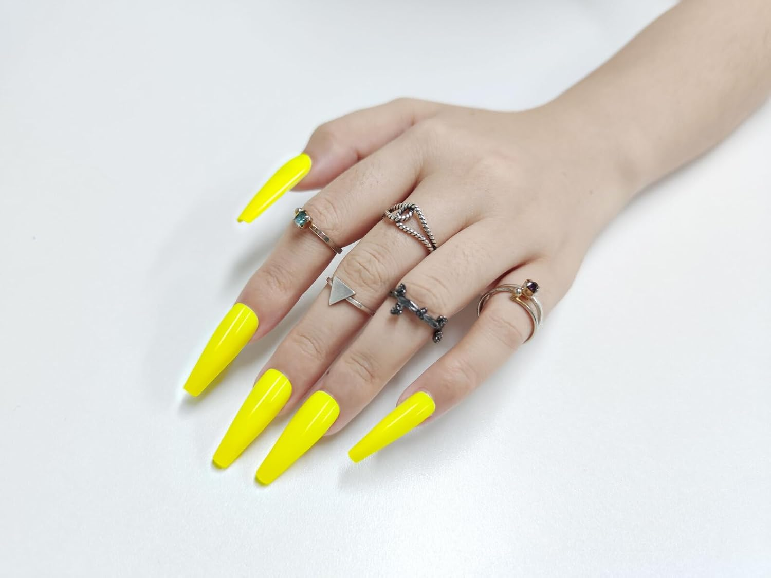 Press on Nails Fake Long Coffin Nail Tips Yellow Gloss 20 Pcs