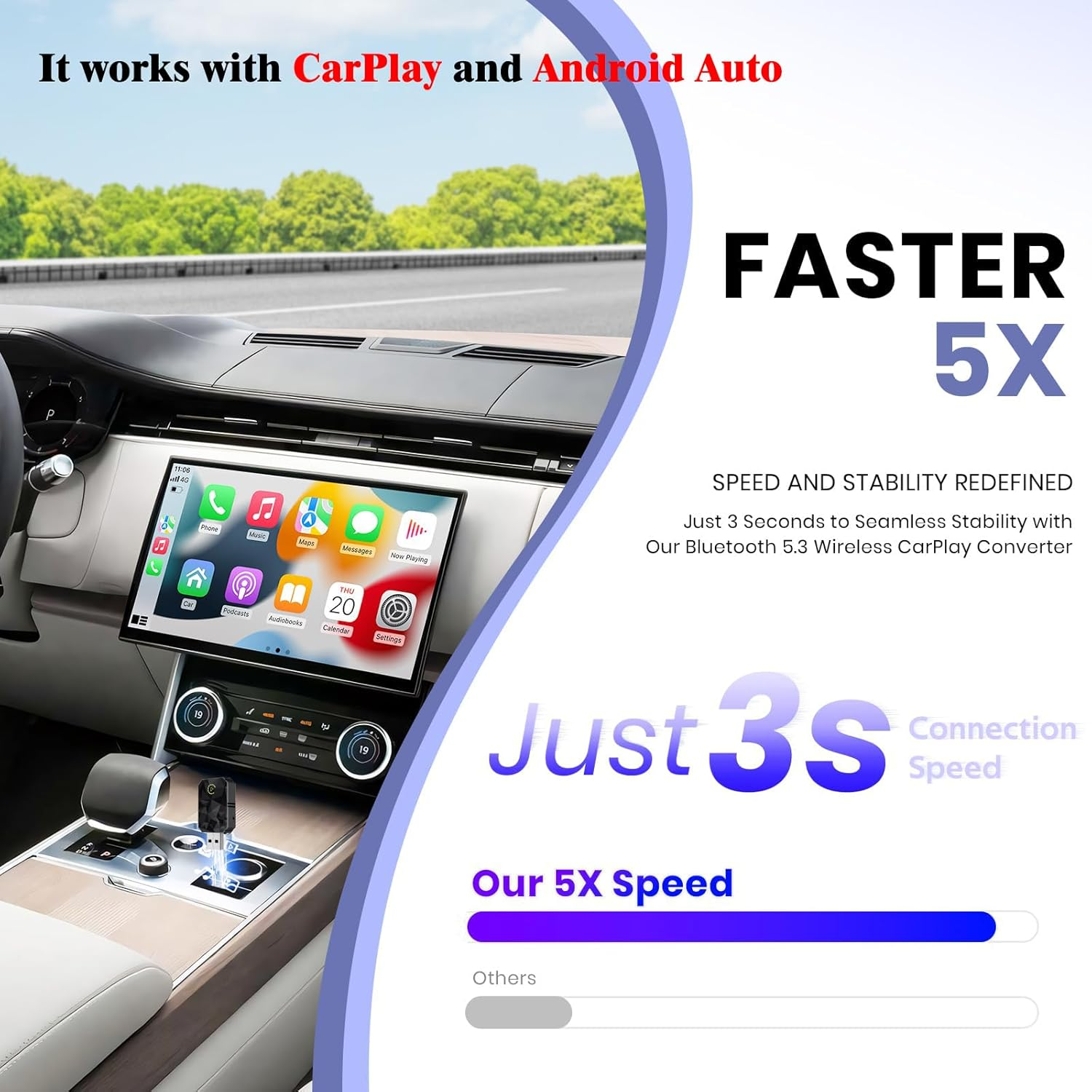 Vervex Upgraded Wireless Carplay Adapter 2025, Convert Wired to Wireless for Carplay＆Android Auto, Car Play Adapter for Lphone Mini Small Size, Usb/Type-C Plug and Play with Los Android 10+ image number 3