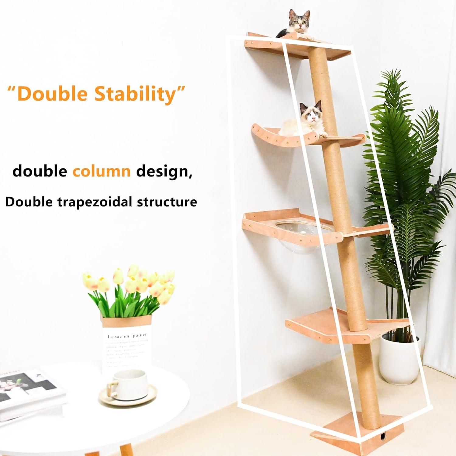 Cat Tree with Hammock, Tall Wall Mounted Wood Scratching Post for Indoor Cats Climbing Activity Tower (Single) image number 6