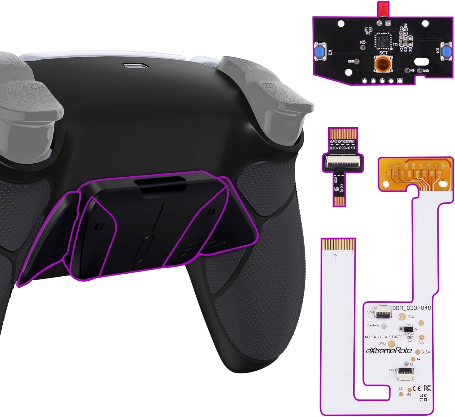 Extremerate Black Rubberized Grip Programable RISE4 V3 Remap Kit for PS5 Controller BDM-030 040 050, Upgrade Board Redesigned Bottom Shell 4 Back Buttons Set
