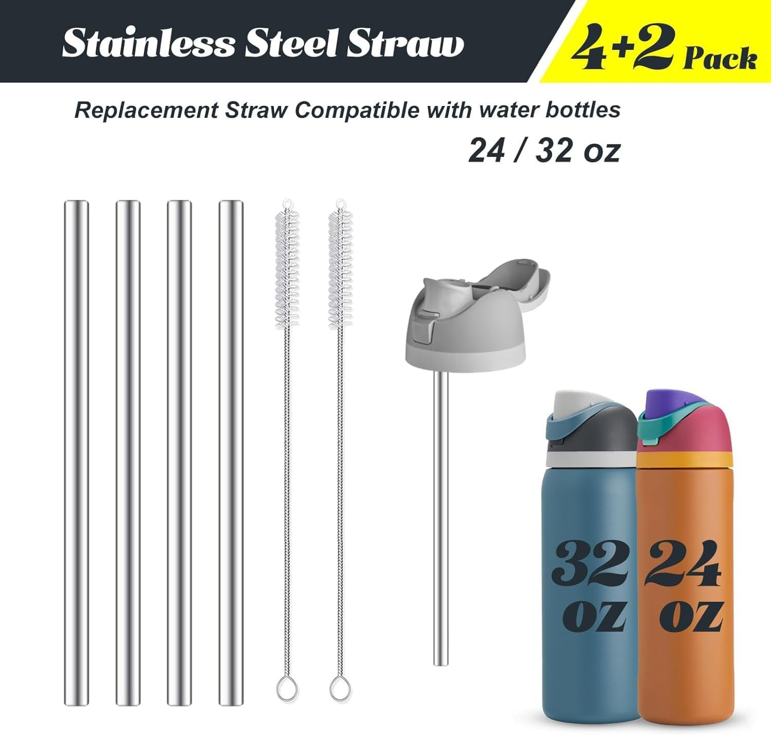 4Pcs Replacement Stainless Steel Straws Compatible with Owala Water Bottle 24Oz 32Oz Reusable Straws with 2 Cleaning Brushes Metal Straw Replacement Compatible with Owala Freesip (21Cm for 24-32Oz) image number 3