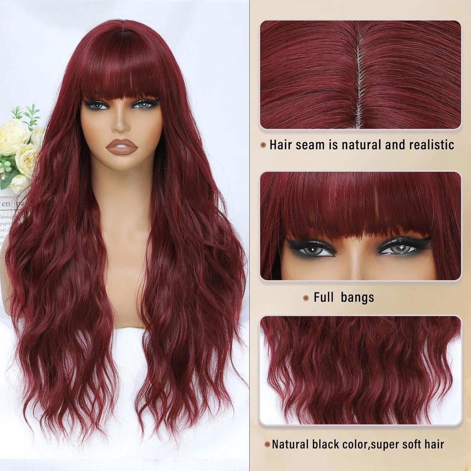 26 Inch Long Burgundy Wig with Bangs for Women, 26 Inch Heat Resistant Synthetic Fiber, Natural Looking Red Wavy Hair - Weidllys image number 3
