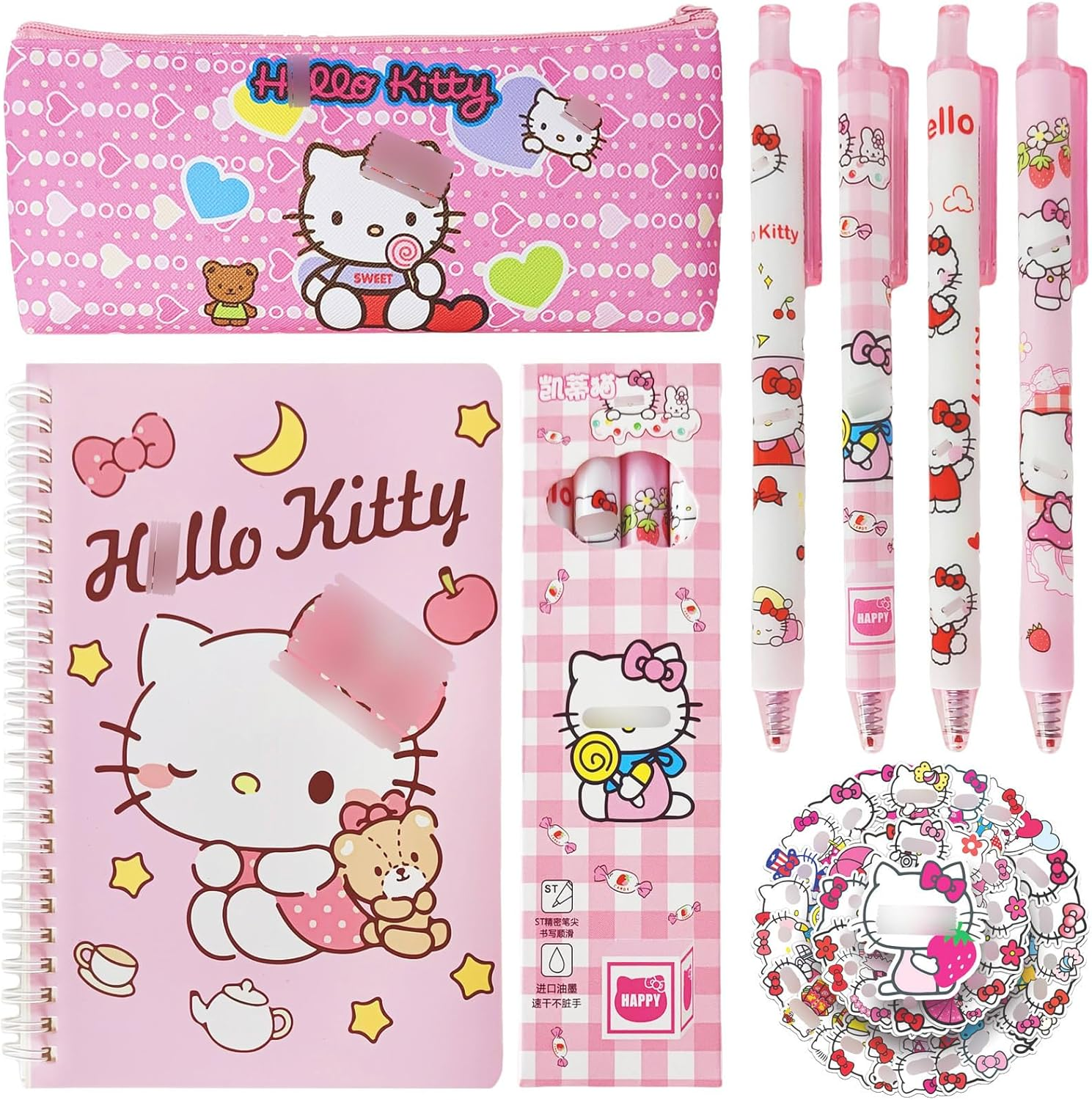 Cute Kitty School Supplies Set - Gel Pens, Journal Notebook, 50 Stickers, Pencil Cse, Kawaii Stationery Set, Back to School Gift, Red Kitty image number 1