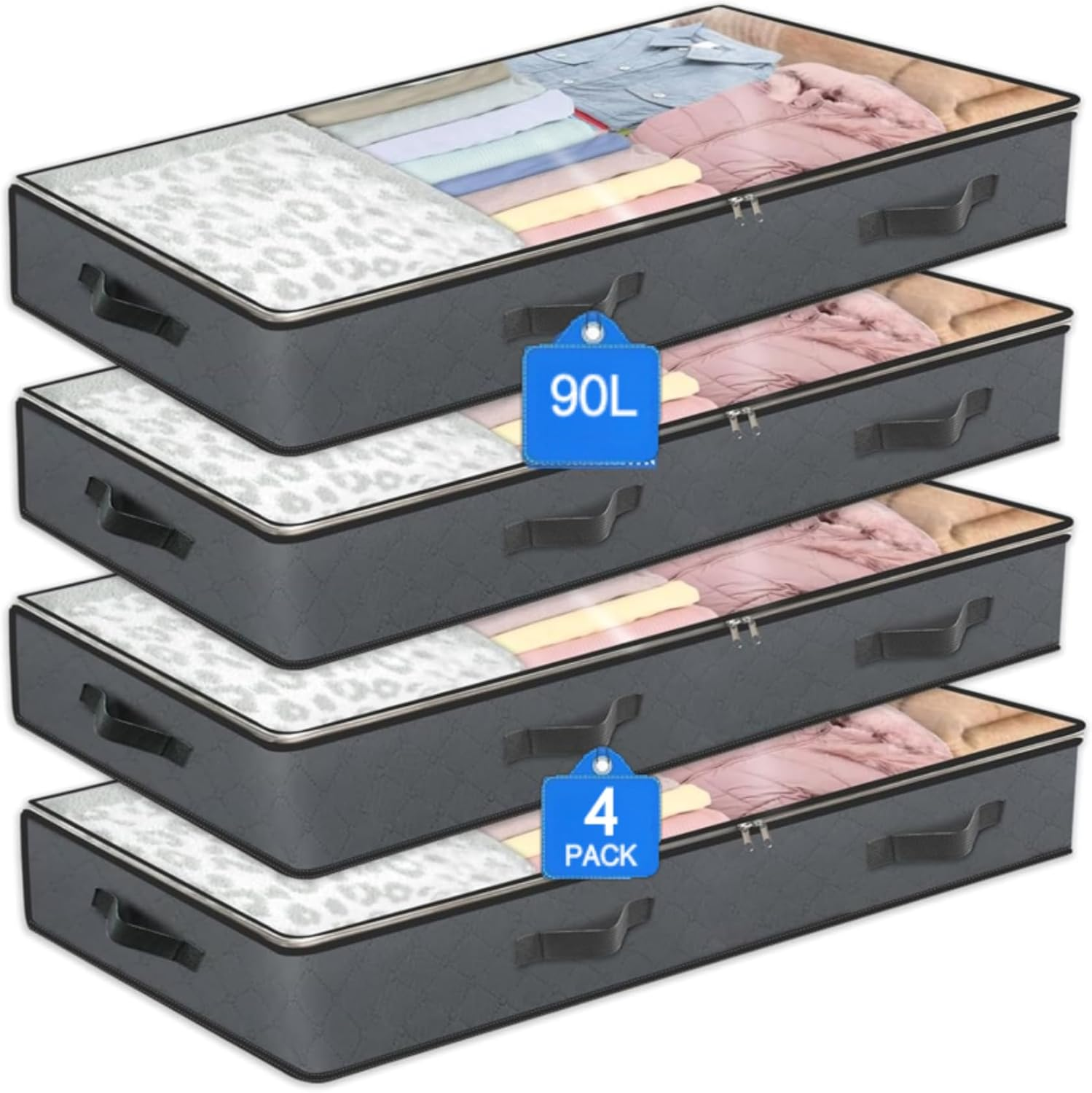 90L Underbed Storage Containers, 4 Pack Reinforced Handle Closet Organizers and Storage Bins, Foldable Underbed Bags for Blankets, Towels, Comforter, Sweaters, Pillows, Linen Sheets