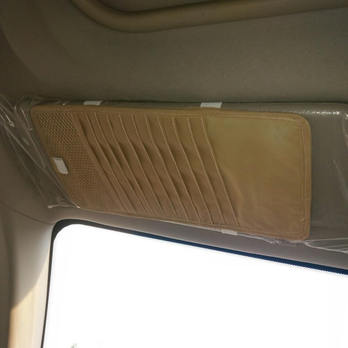 Car CD Holder Storage Case,Cd Case Holder for Car,Khaki Large Capacity CD Visor Case,Car Truck SUV Visor Organizer with 10 DVD Storage Sleeves 1 Mesh Pocket 1 Pen Holder Elastic Strap image number 3
