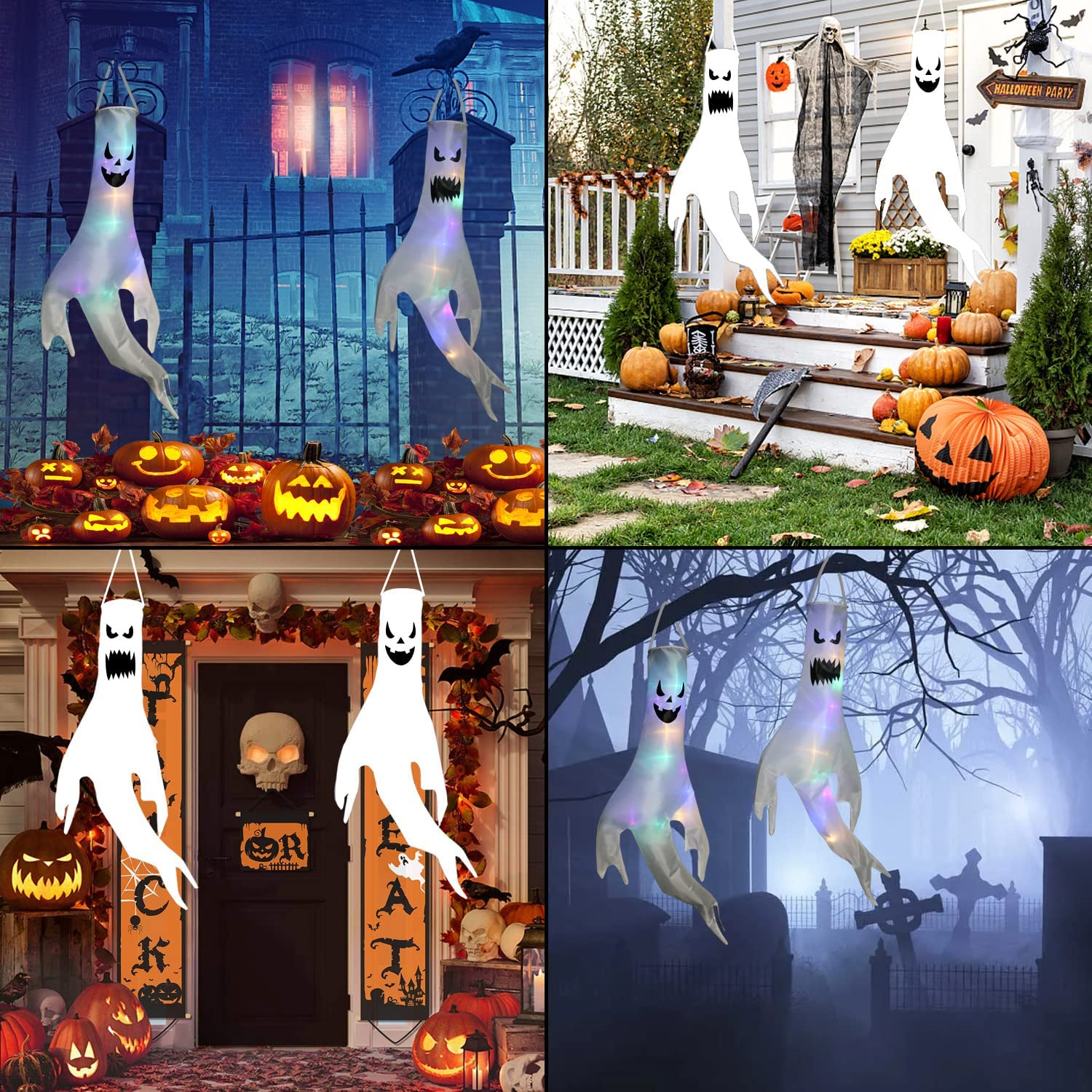 Halloween Decorations,2 Pack 57''Halloween Inflatables Glowing Hanging Flags Decor,Halloween Outdoor Decorations Ghost Windsocks with LED Light,Halloween Yard Decorations for Party Indoor Outdoor image number 2
