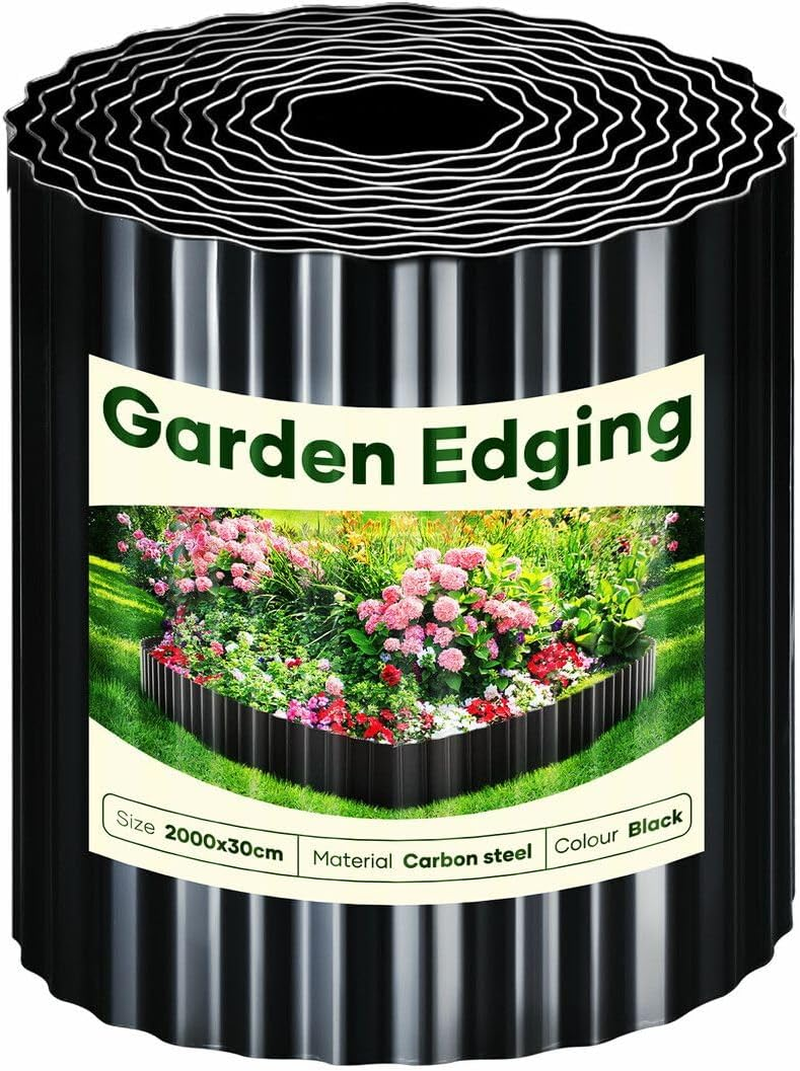 OGL Garden Edging Landscape Edge 10Mx30Cm DIY Lawn Border for Flower Plant Grass Path Fence Flexible Corrugated UV Resistant Carbon Steel Roll Kit,Black
