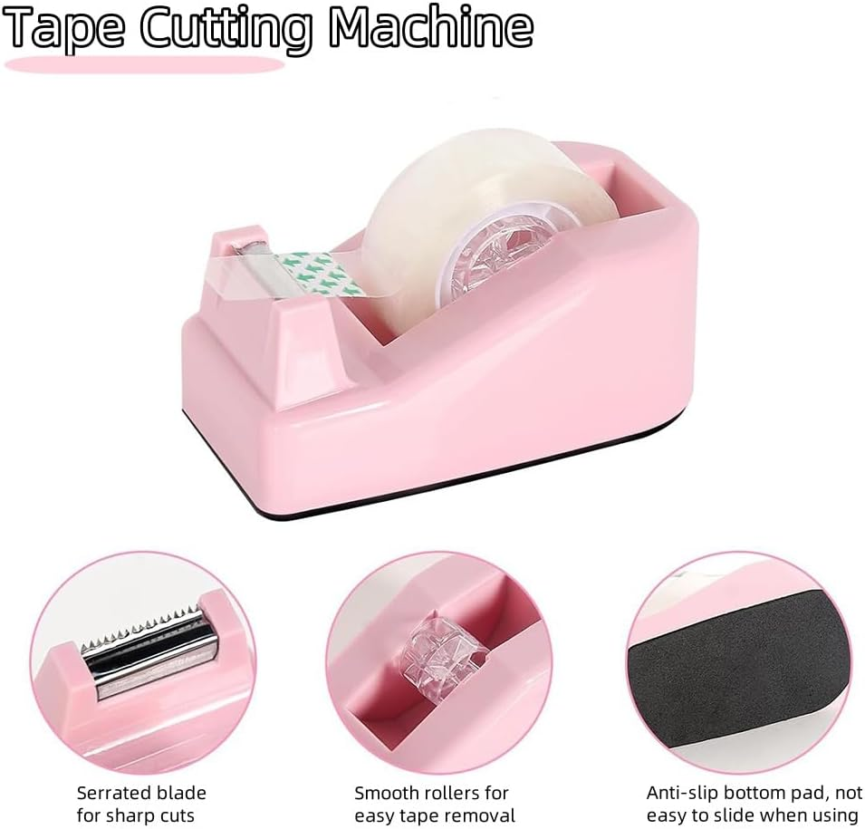 Mini Office Supply Kit, Mini Desktop Office Stationery Includes Stapler, Mini Stapler, Nail Starter, Paper Clips, Dovetail Clips, Tape Cutter, Sticky Notes, Scissors (Pink) image number 2