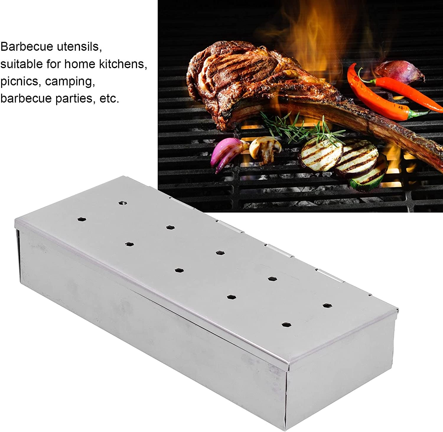 Cave Tools Grill Smoker Box Starter Kit for Wood Chips, 10‑Holes Stainless Steel Bucket Style with Hinged Lid, BBQ Grill and Smoker Accessories Smoker image number 2