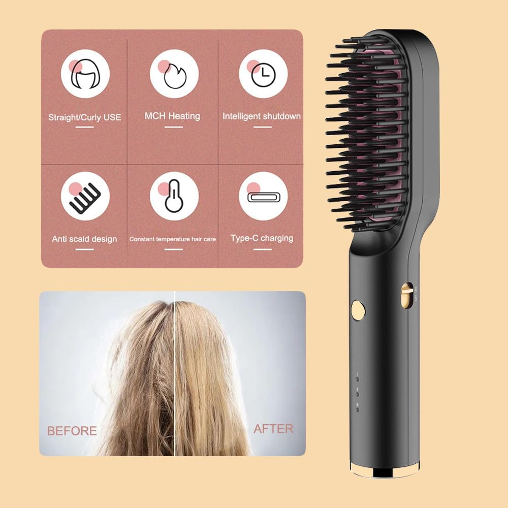 Portable Battery Hair Straightener Brush for Curly Hair-Rechargeable Mini Size Portable Hair Straightener Brush Anti-Scalding Heated Comb image number 5