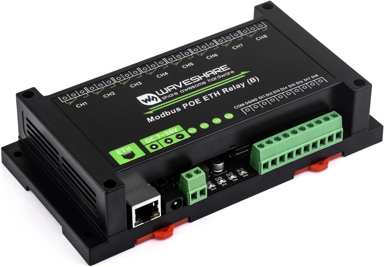 Waveshare 8-Ch Ethernet Relay Module (B) with Digital Input, Modbus Rtu/Modbus TCP Protocol, Poe Port Communication, with Various Isolation and Protection Circuits, Industrial Grade Rail-Mount Case image number 3