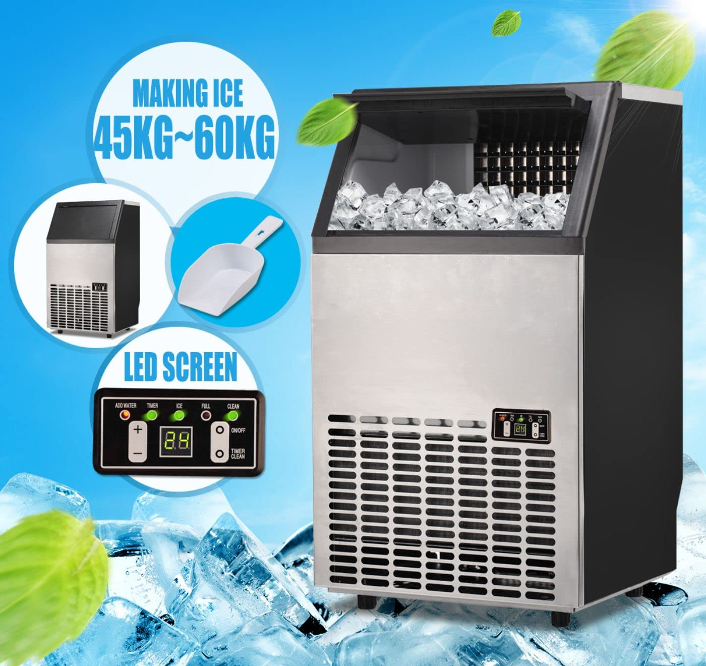 Maxkon Freestanding Ice Maker Freestanding, Commercial Ice Machine, 60Kg/Day, Stainless Steel Ice Machine with 15Kg Capacity, Ideal for Restaurant, Bars, Home and Offices, Includes Scoop image number 2