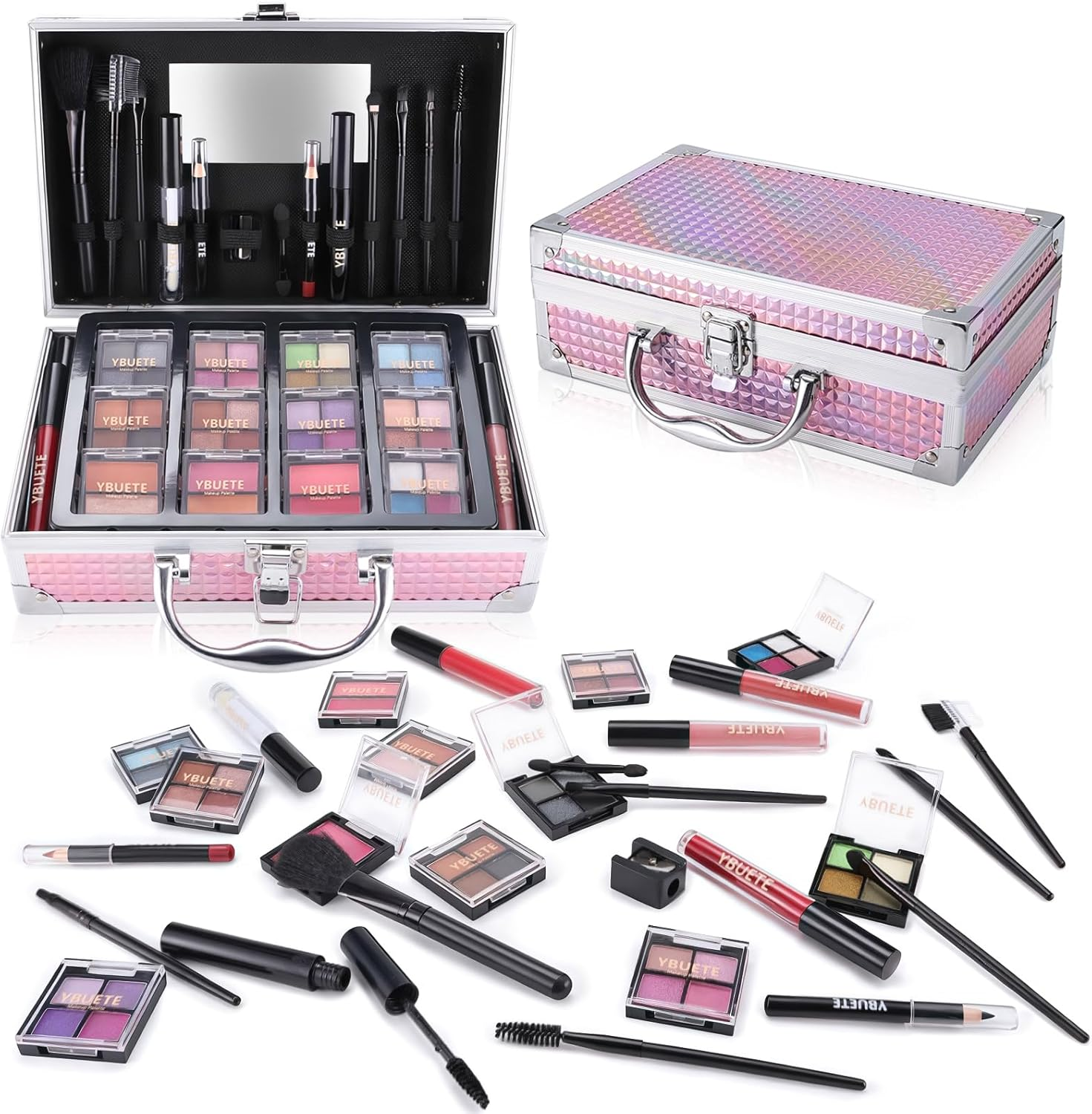 Makeup Kit with Train Case for Teen Girl Women, Full Starter Cosmetic Set, Beginner Makeup Present, Reusable Full Cosmetic Train Case for Girl, Included Eyeshadow Blush Contour Eyebrow (Purple) image number 4