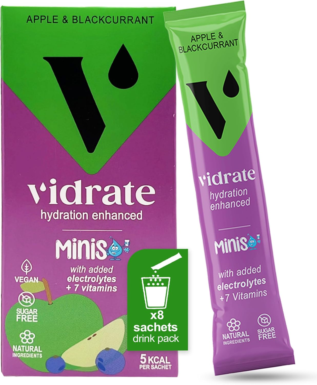 Vidrate Electrolyte Powder for Kids - Apple & Blackcurrant Flavoured Vitamin Water with Natural Ingredients & Zero Sugar - Hydration Drink for School & Sports - 8 Pack Minis Electrolyte Sachets image number 2