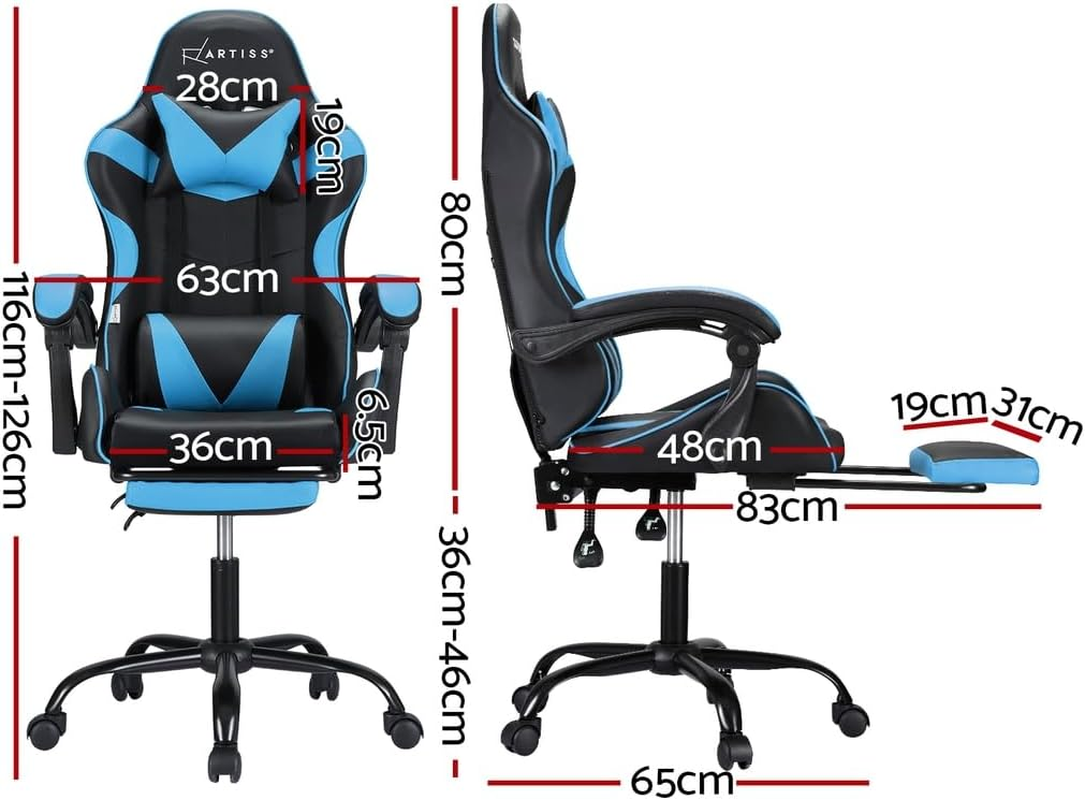 Artiss Massage Gaming Chair, PU Leather 2 Point Ergonomic Office Computer Desk Recliner Chairs Armchair for Room Executive Home, with Retracted Padded Footrest 360&deg; Rotatable Height Adjustment Blue - Blue image number 4
