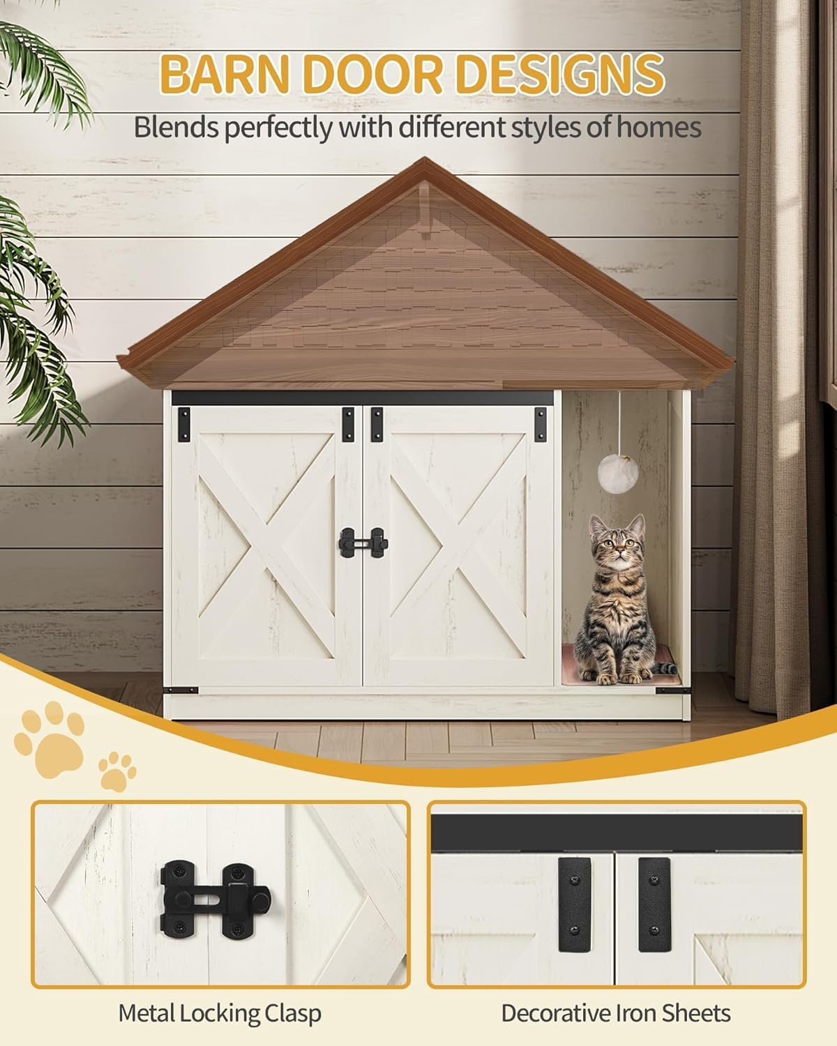 Hzuaneri Cat Litter Box Enclosure, Hidden Litter Box Cabinet Furniture with Bell, Indoor Cats House, Farmhouse Style, 39.4 X 21.7X 24.8 Inches for Hallway, Bedroom, Rustic Brown and White CB85214X image number 5