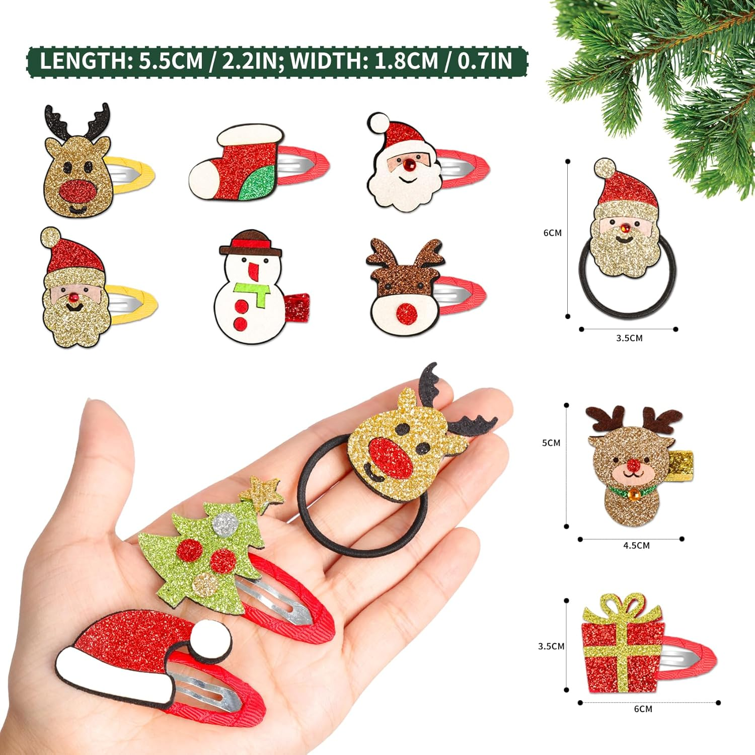 Pack of 12 Hair Clips Christmas Children Glitter Christmas Hair Accessories Cartoon Santa Reindeer Hair Scrunchie Girls Hair Clips for Christmas Party Decoration and Gifts Hair Pins image number 6