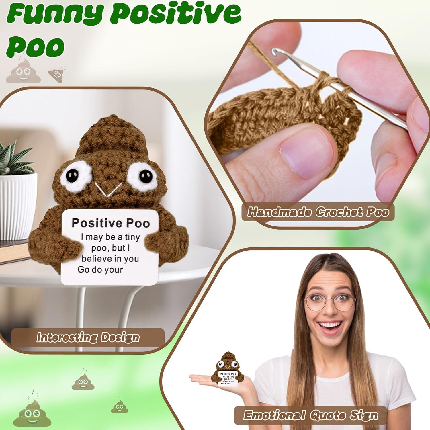 Inspirational Birthday Gifts 2P Positive Poo Emotional Crocheted Support Crochet Pickle Funny Handmade Crochet with Positive Cards Pickle Gifts Suitable for Birthday Gag Gift image number 2