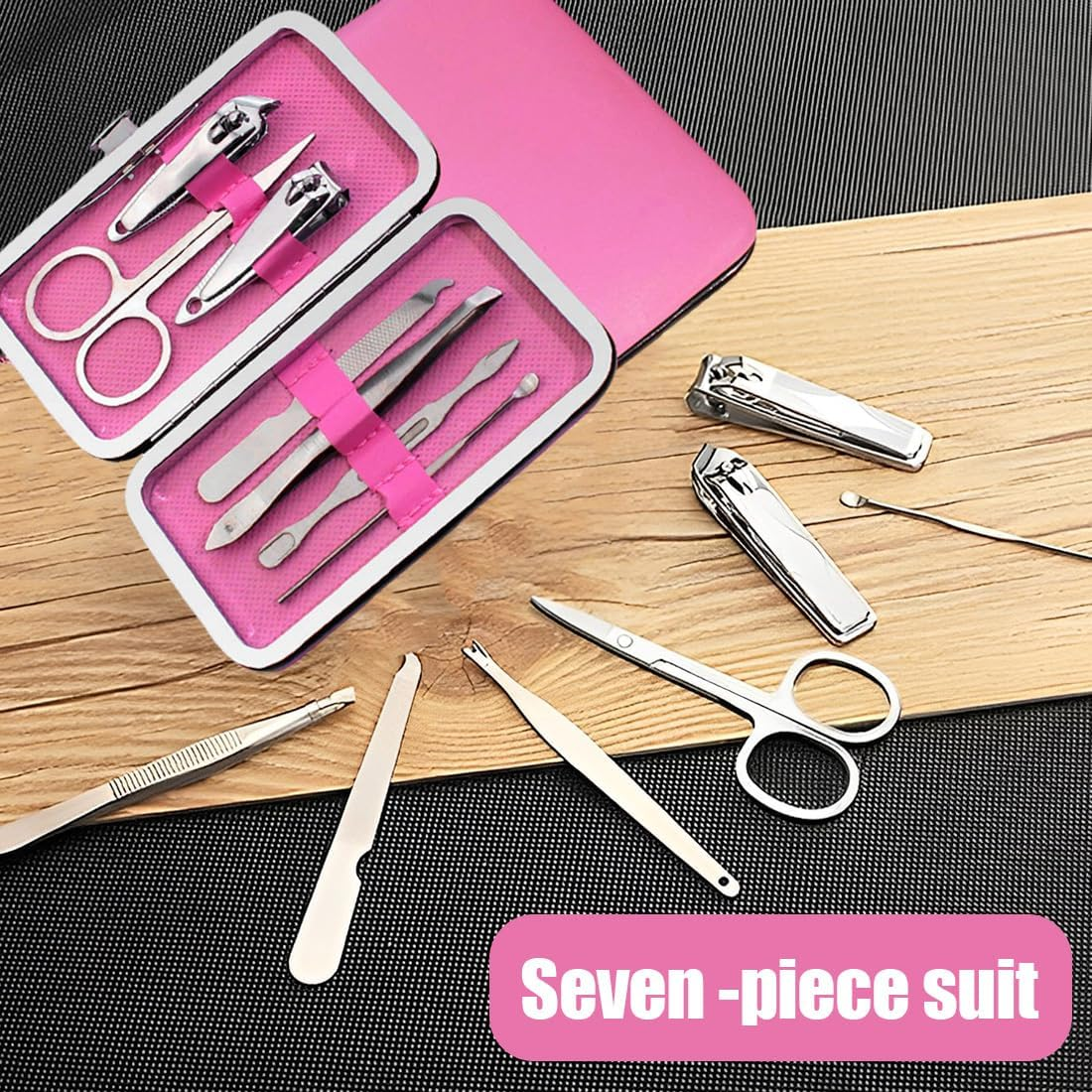 SULIUDAJI Manicure Set, 7-Piece Pedicure Nail Set, Nail Case, Nail Clipper Set, Nail Clipper Case Made of Stainless Steel and Leather, Nail Care Tools for Men and Women (Barbie Rose Red) image number 3