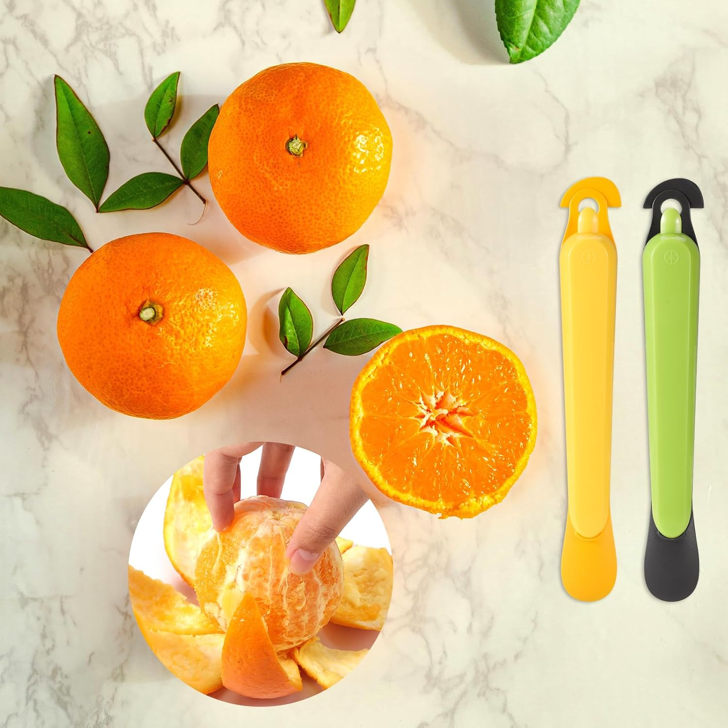 2Pcs 5-In-1 Orange Peeler, Stainless Steel Fruit Peeler Kitchen Gadgets Orange Peeler Grapefruit Pomelo Peeler Tool Citrus Peel Cutter, Easy to Peel for Home Kitchen Use (Green, Yellow)