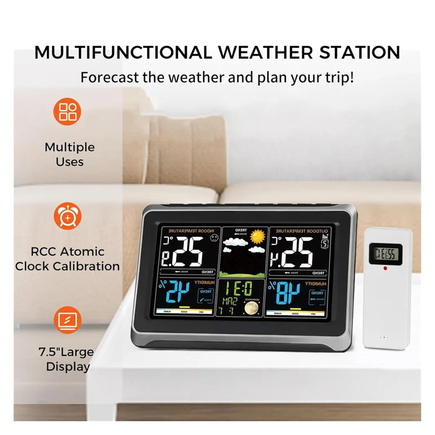 Weather Station Wireless Indoor Outdoor Thermometer, Color Display with Barometer, Calendar, Adjustable Backlight image number 2