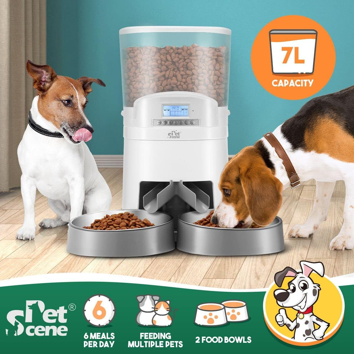 Pet Scene Automatic Cat Feeder 7L Auto Pet Feeder Dog Food Dispenser Voice Recorder with 2 Bowls LCD Screen,6 Meal/Day
