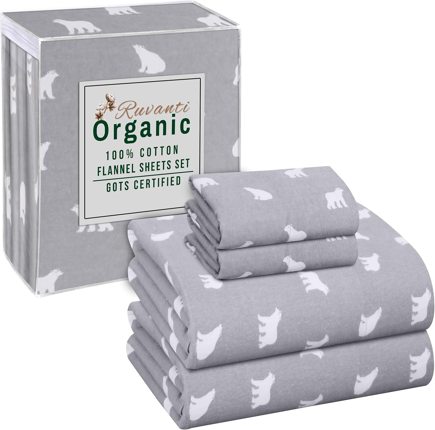 RUVANTI Organic Flannel Sheets Full Size - 100% Cotton Double Brushed Bed Sheet Set - Deep Pocket 16 Inches - All Seasons Breathable, Extra Soft, Warm & Cozy - 4 Pieces - Winter White