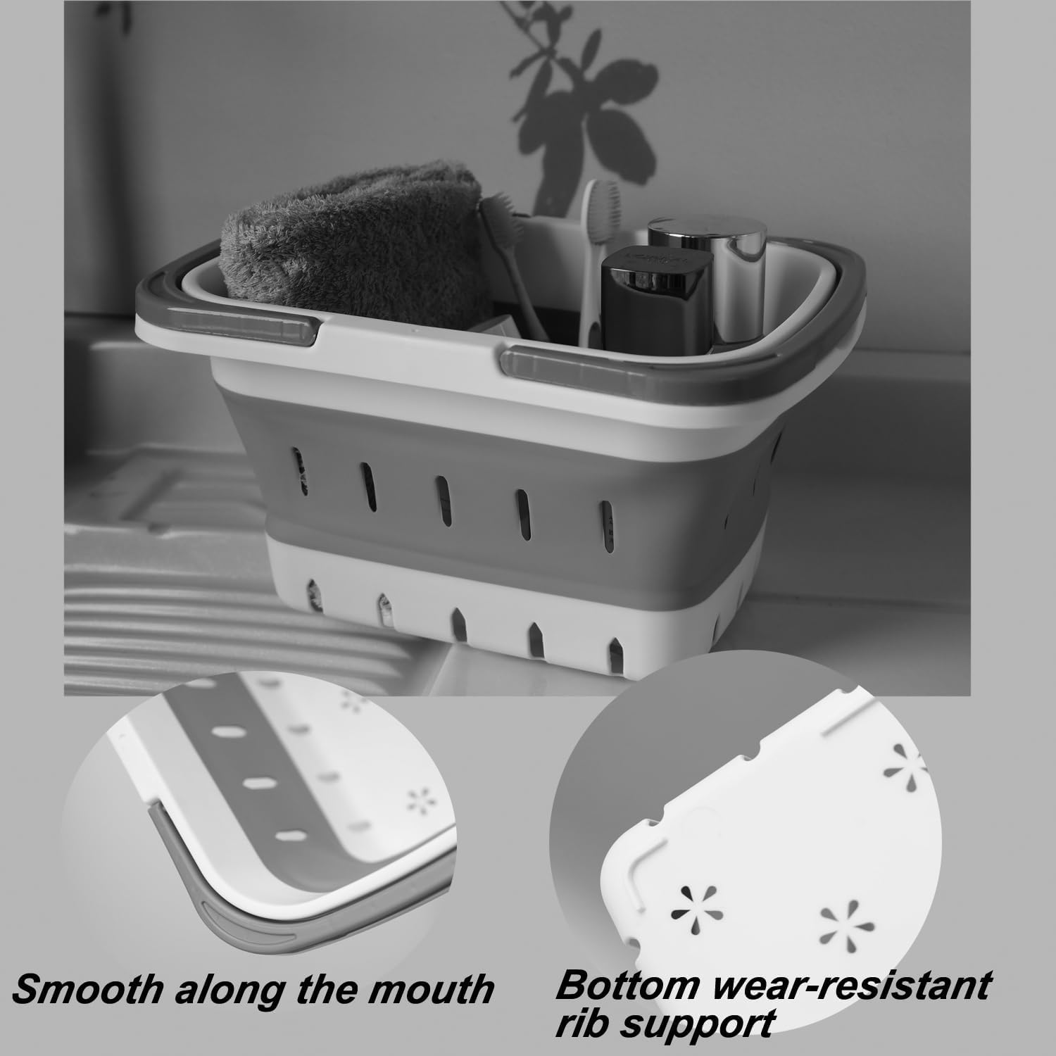 LABUBU Portable Folding Plastic Bath Caddy with Handle, Perforated, Travel Bathroom Organizer for Bedroom, Bathroom, Shower, Dorm Room, Camping and RV Use (Grey, 1 Pack) image number 2