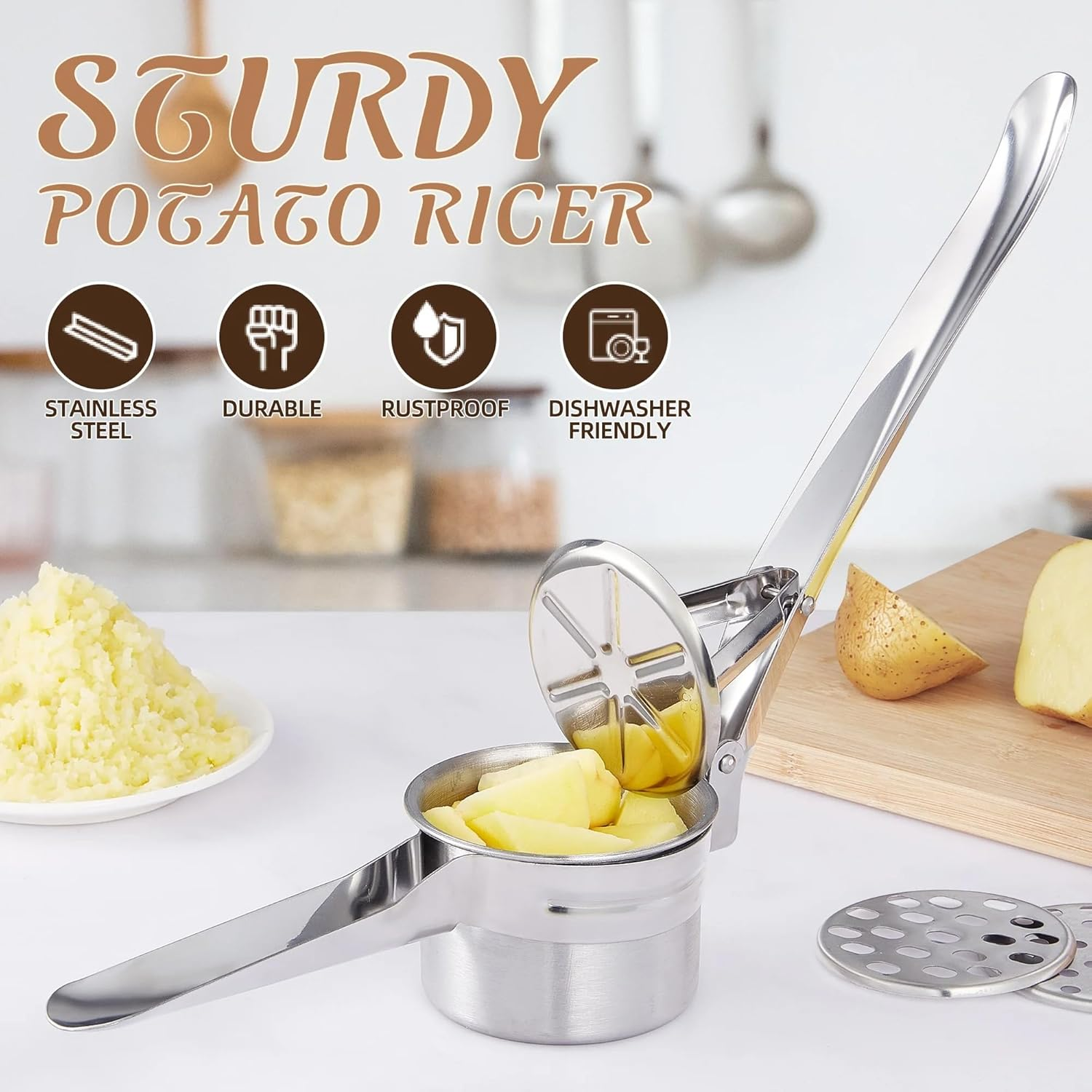 Multi-Purpose Stainless Steel Potato Ricer, Heavy Duty Large Capacity Potato Masher with 3 Interchangeable Discs, Ricer for Vegetable and Fruit with Interchangeable Strainers image number 2