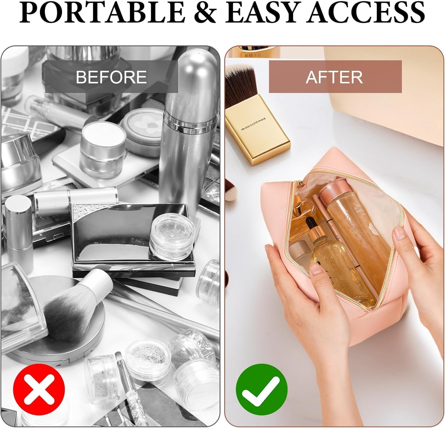 Leather Makeup Bag for Purse Travel, Portable Small Cosmetic Organizer for Women and Girls, Make up Bag with Zipper， Spacious Multi-Compartment Storage Pouch for Cosmetics, Skincare, Brushes（Pink） image number 5