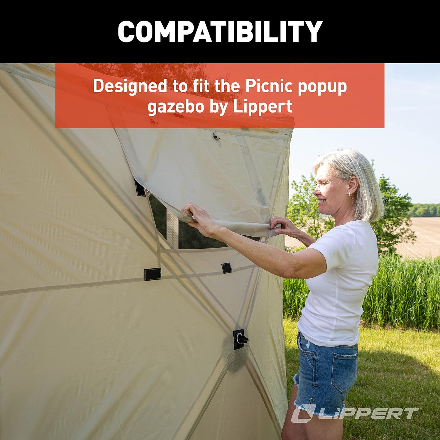 Lippert Picnic and Camping Gazebo Tent Wind Panels, Side Walls for Privacy, Sand Color image number 6