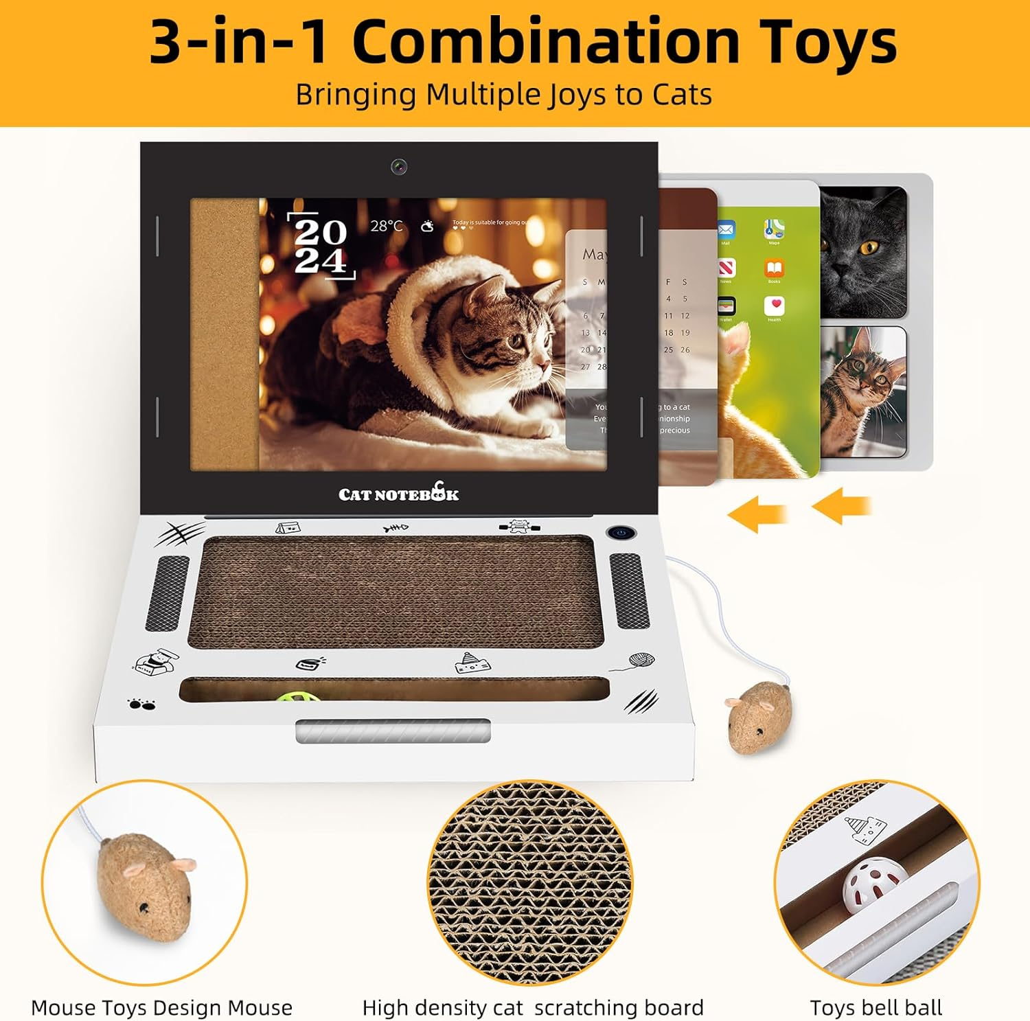 Cat Scratcher,Laptop Board with Furry Mouse Toy Mouse, Game Console Computer Shape, Interactive Cat Toys, Creative Cat Scratching Board, Wear-Resistant Foldable Cat Scratching Board