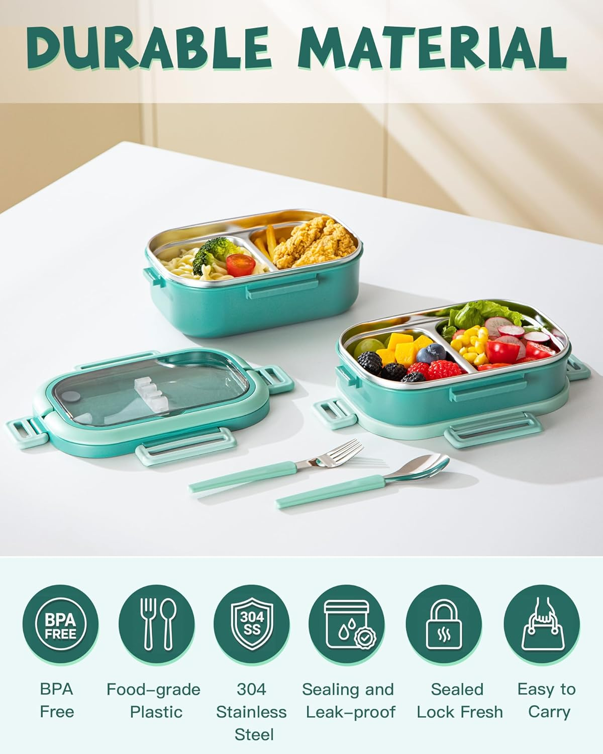 Lille Home Lunch Box, 2 Tier Bento Box with 4 Compartments 1650 ML Food Container with Cutlery Set, BPA Free, Leak-Proof(Green) image number 2