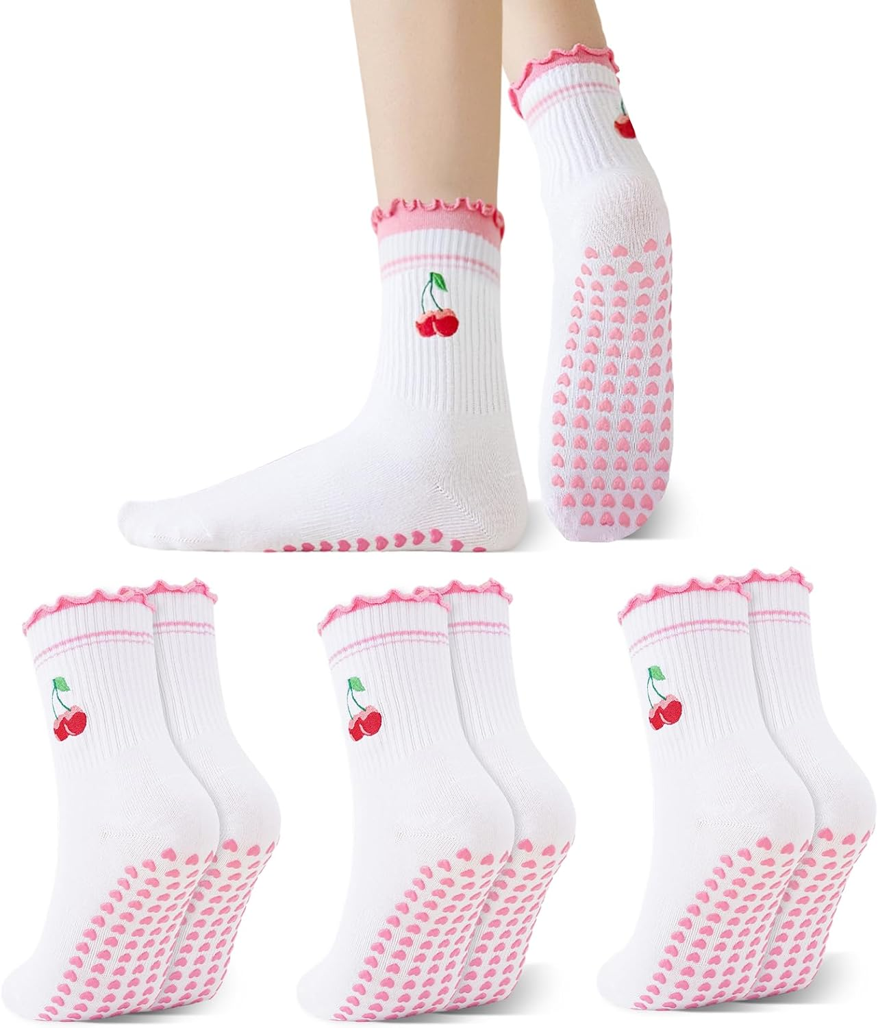 Fiohiros 3 Pairs Pilates Socks Women with Grips, Cherry Reformer Pilates Grip Socks Yoga Socks, Gym Socks for Dance, Training, Barre, Fitness, Workout